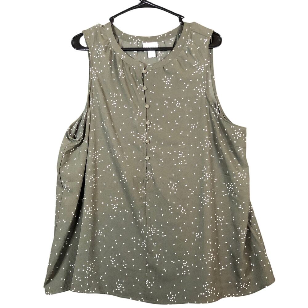 Ava & Viv Womens Blouse Green White Polka Dot Sleeveless Henley Stretch 1X